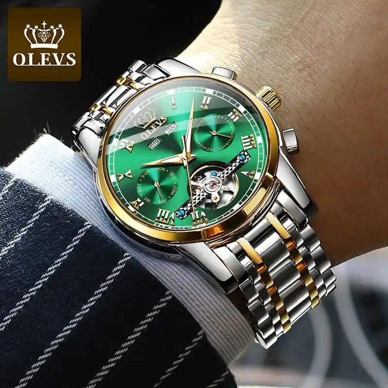 OLEVS Mechanical Men Watches Automatic Stainless Steel Waterproof Date Week Green Fashion Classic Wrist Watches