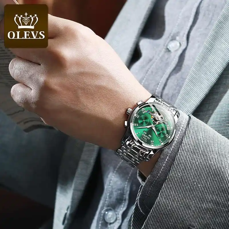 OLEVS Mechanical Men Watches Automatic Stainless Steel Waterproof Date Week Green Fashion Classic Wrist Watches