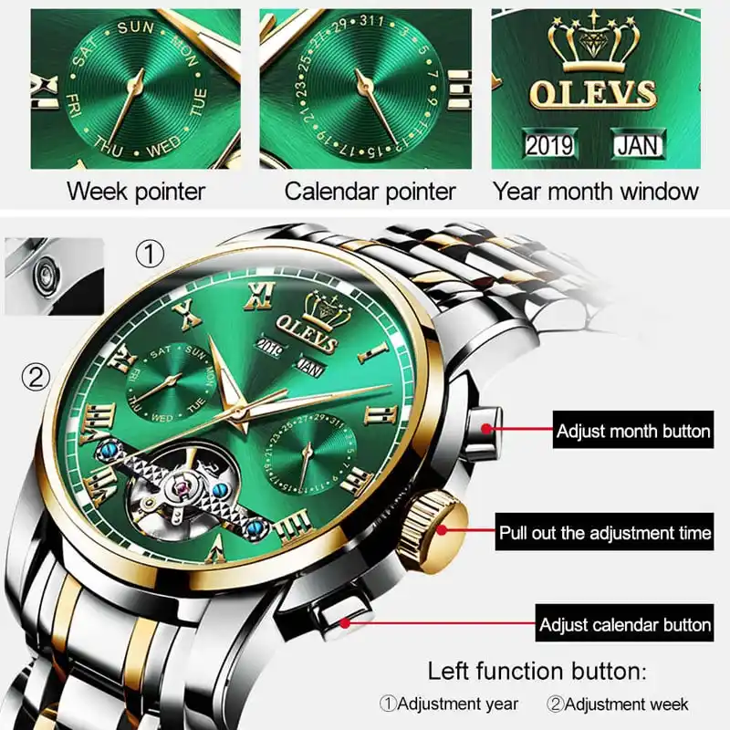 OLEVS Mechanical Men Watches Automatic Stainless Steel Waterproof Date Week Green Fashion Classic Wrist Watches