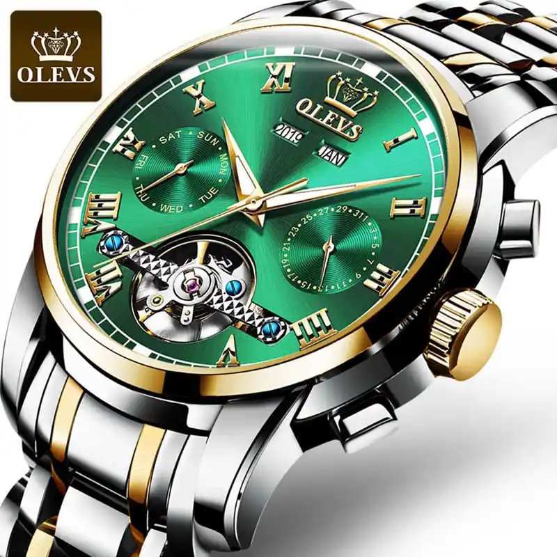 OLEVS Mechanical Men Watches Automatic Stainless Steel Waterproof Date Week Green Fashion Classic Wrist Watches