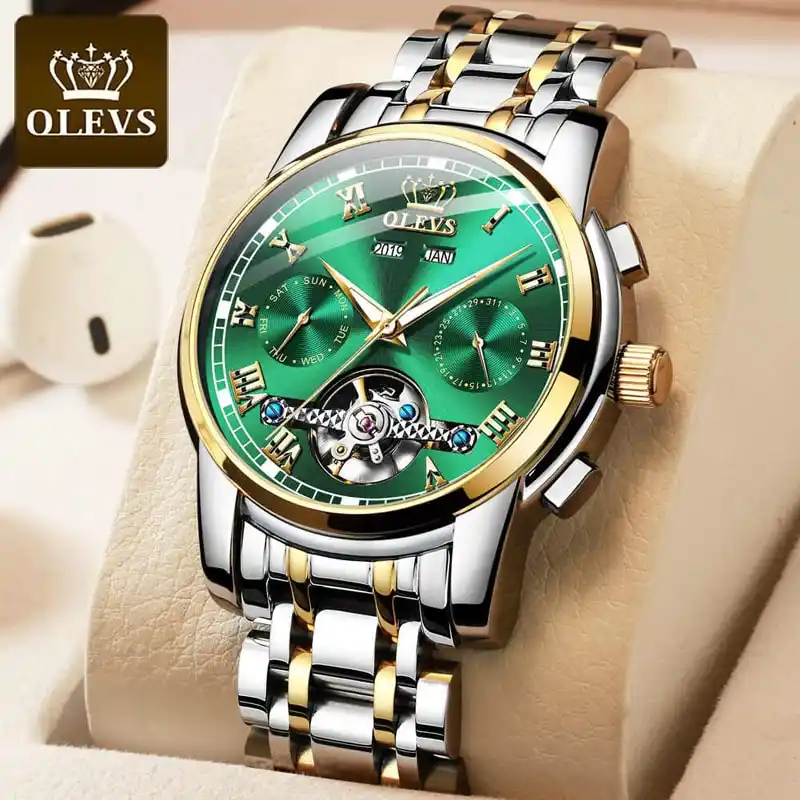 OLEVS Mechanical Men Watches Automatic Stainless Steel Waterproof Date Week Green Fashion Classic Wrist Watches